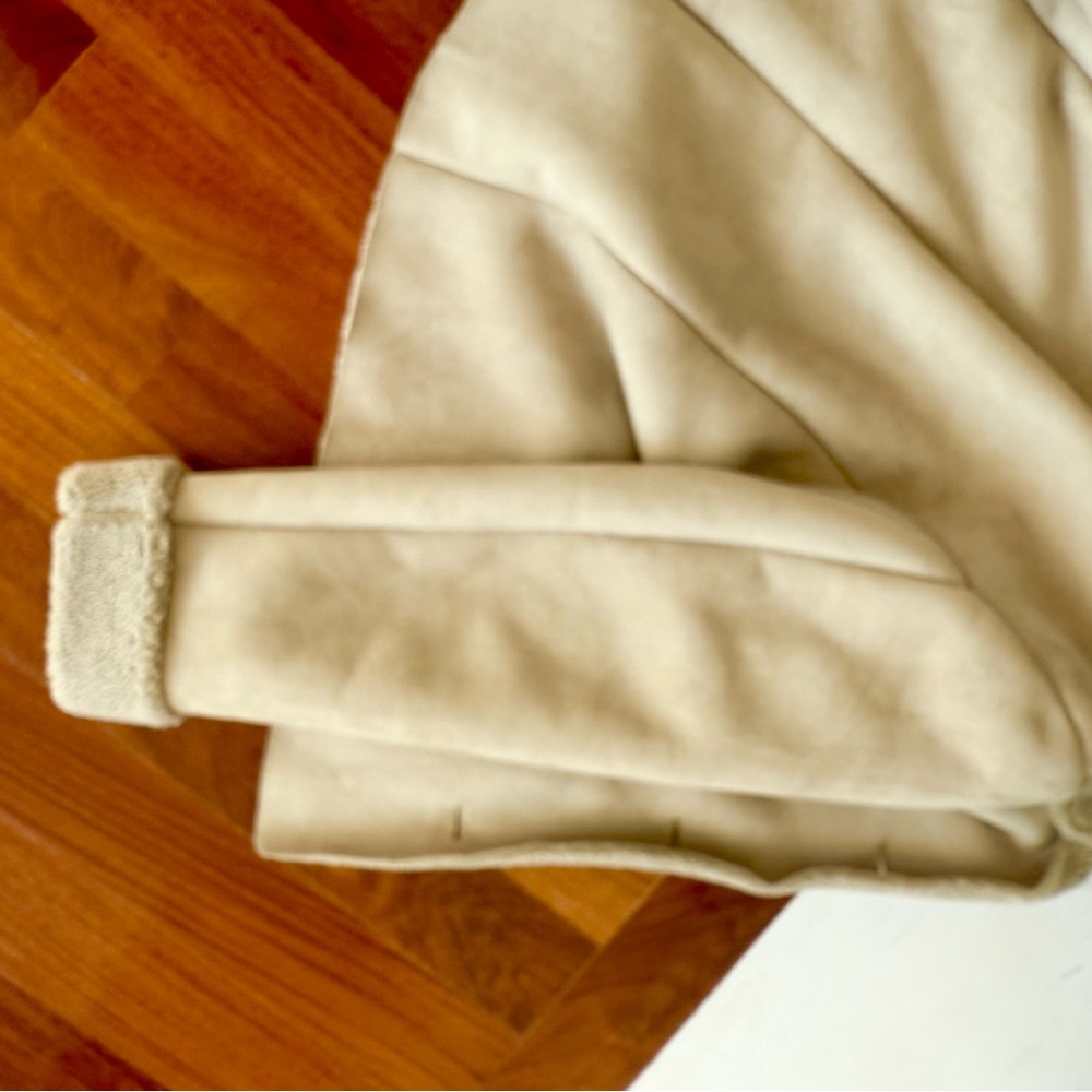 Women's Suede Sherpa Coat Jacket Lands End Cream FAUX Shearling Pea Coat Size L - Picture 14 of 16